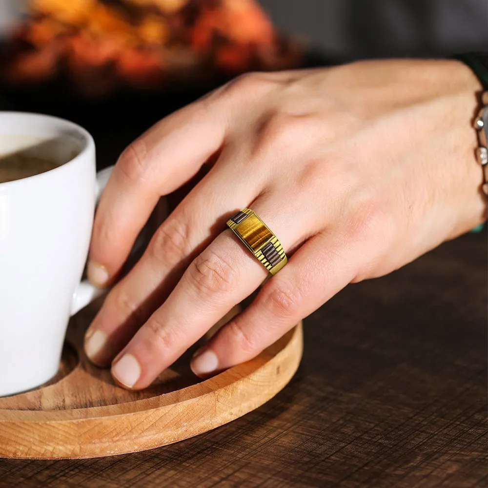 18K Solid Yellow Gold Wedding Engagement Ring Band Large Tiger's Eye Jewelry