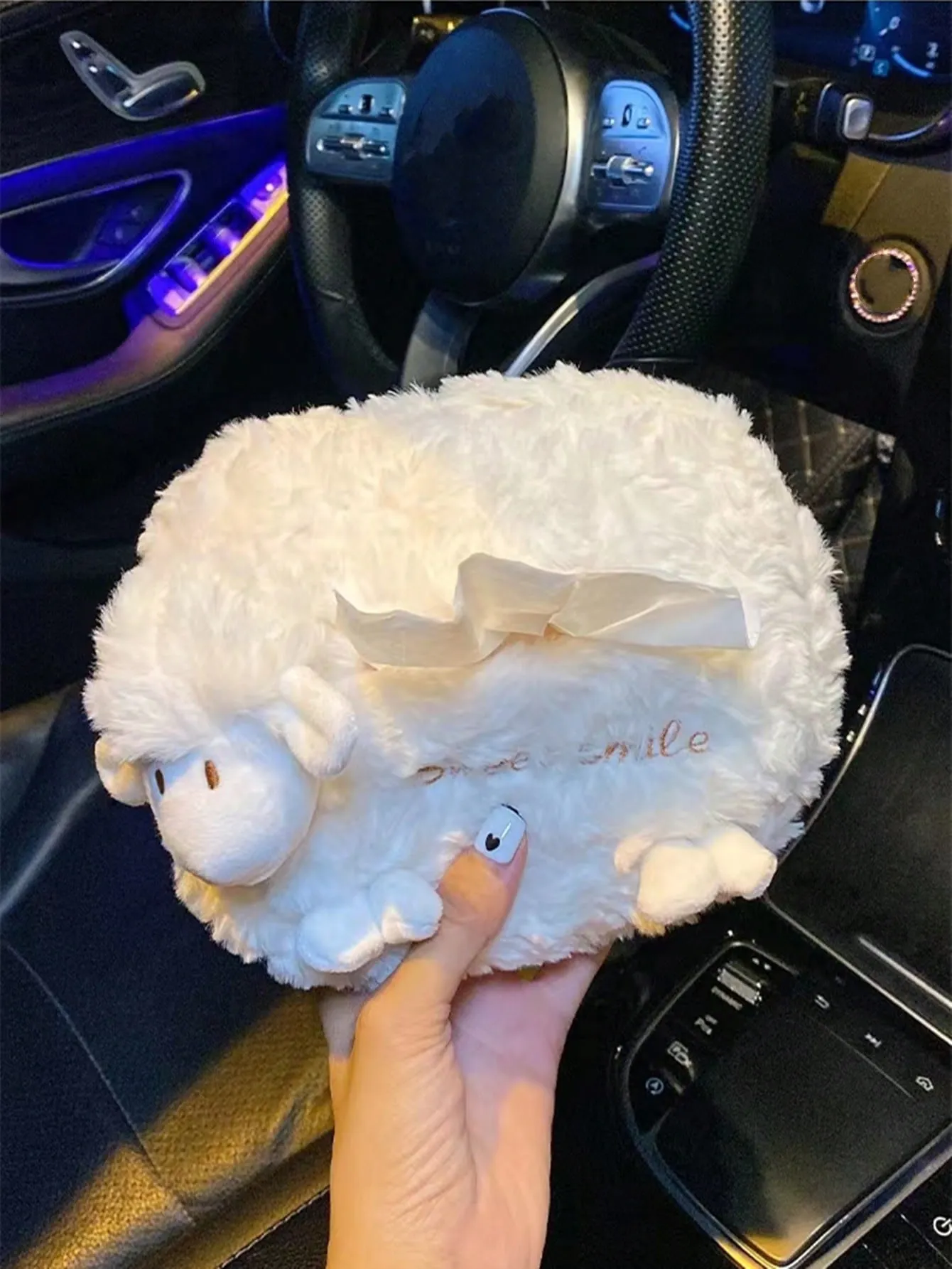 1pc Letter Embroidered Sheep Design Car Tissue Storage Box