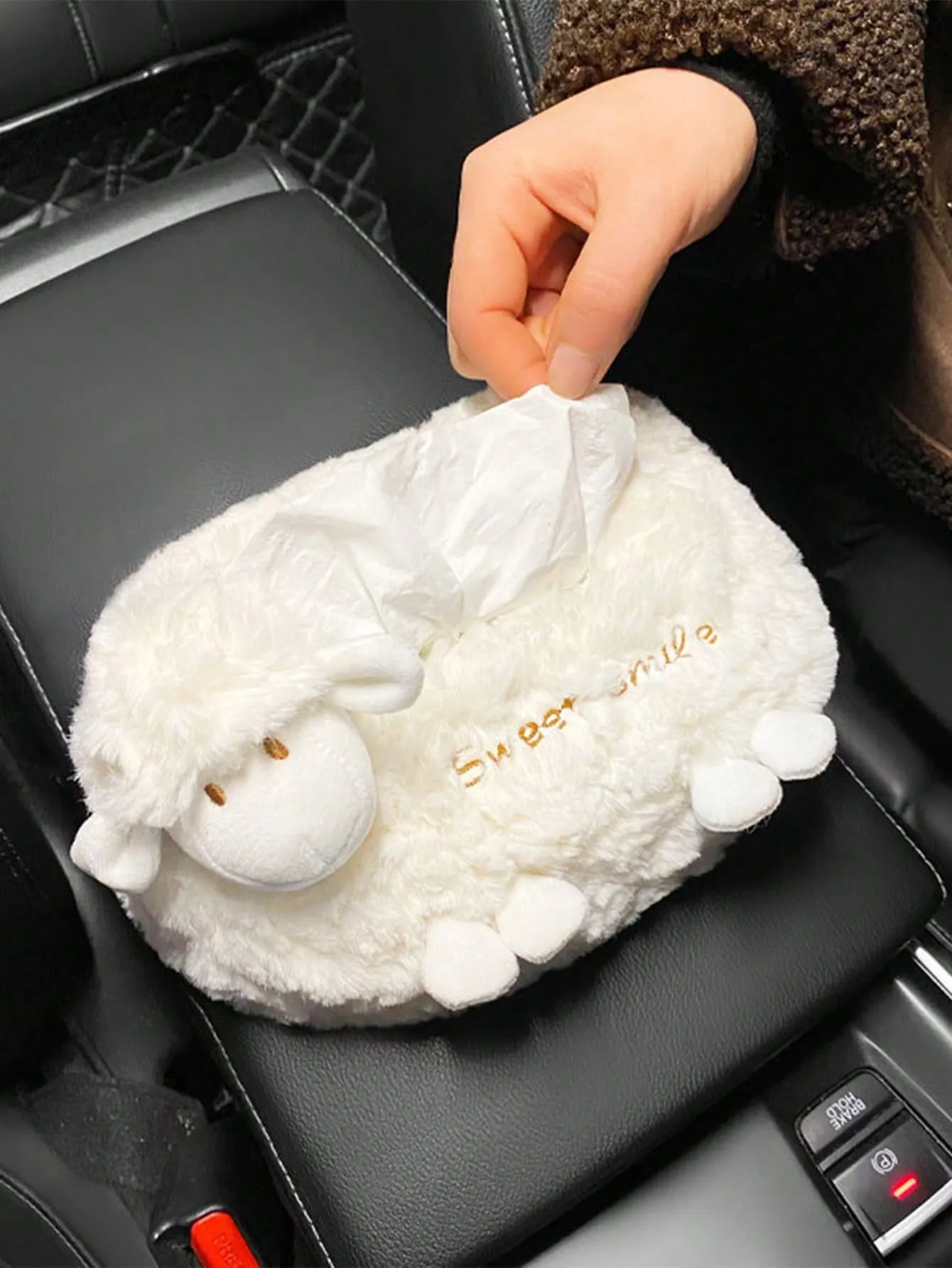 1pc Letter Embroidered Sheep Design Car Tissue Storage Box