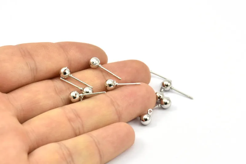 50 Earring Posts with Silver Tone Brass Ball Pad and 5 mm Hole Hook A487