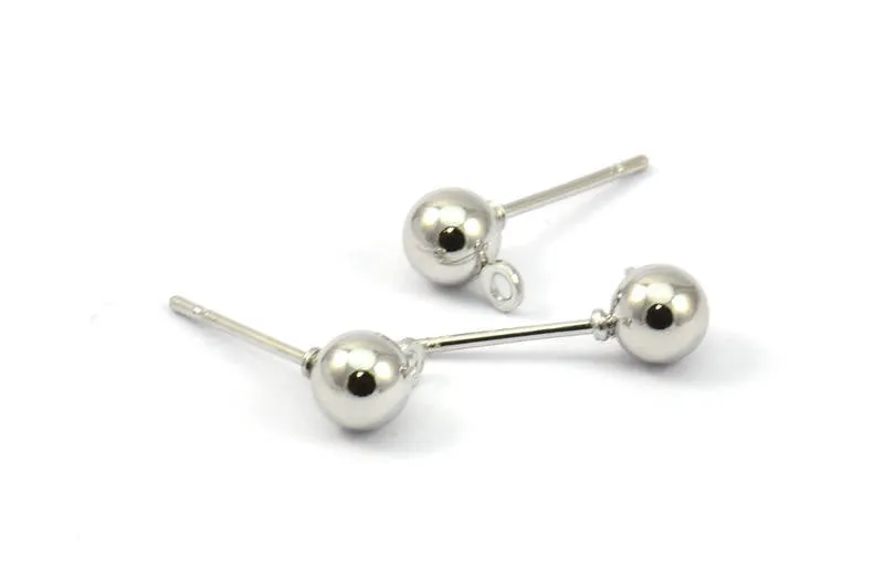 50 Earring Posts with Silver Tone Brass Ball Pad and 5 mm Hole Hook A487