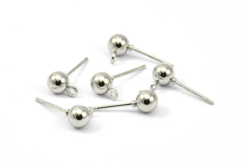 50 Earring Posts with Silver Tone Brass Ball Pad and 5 mm Hole Hook A487