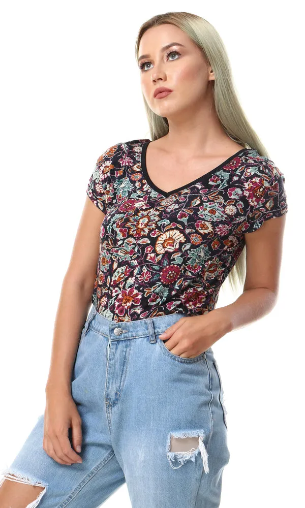 93004 High Low Self Floral Pattern Top - Multicolour