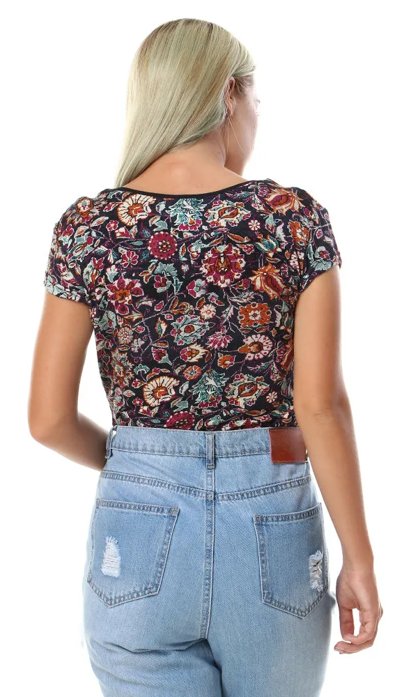 93004 High Low Self Floral Pattern Top - Multicolour