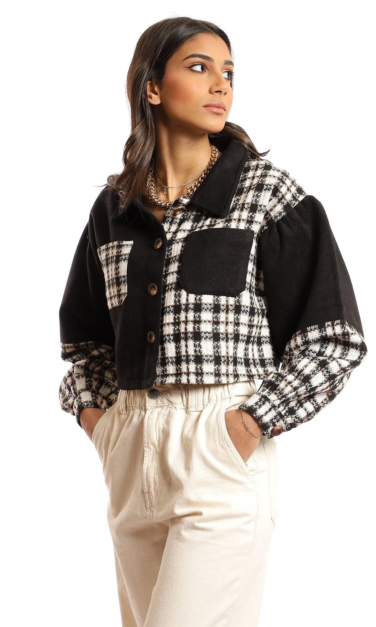 95898 Wool Chest Pockets Cropped Jacket - Black & Off White