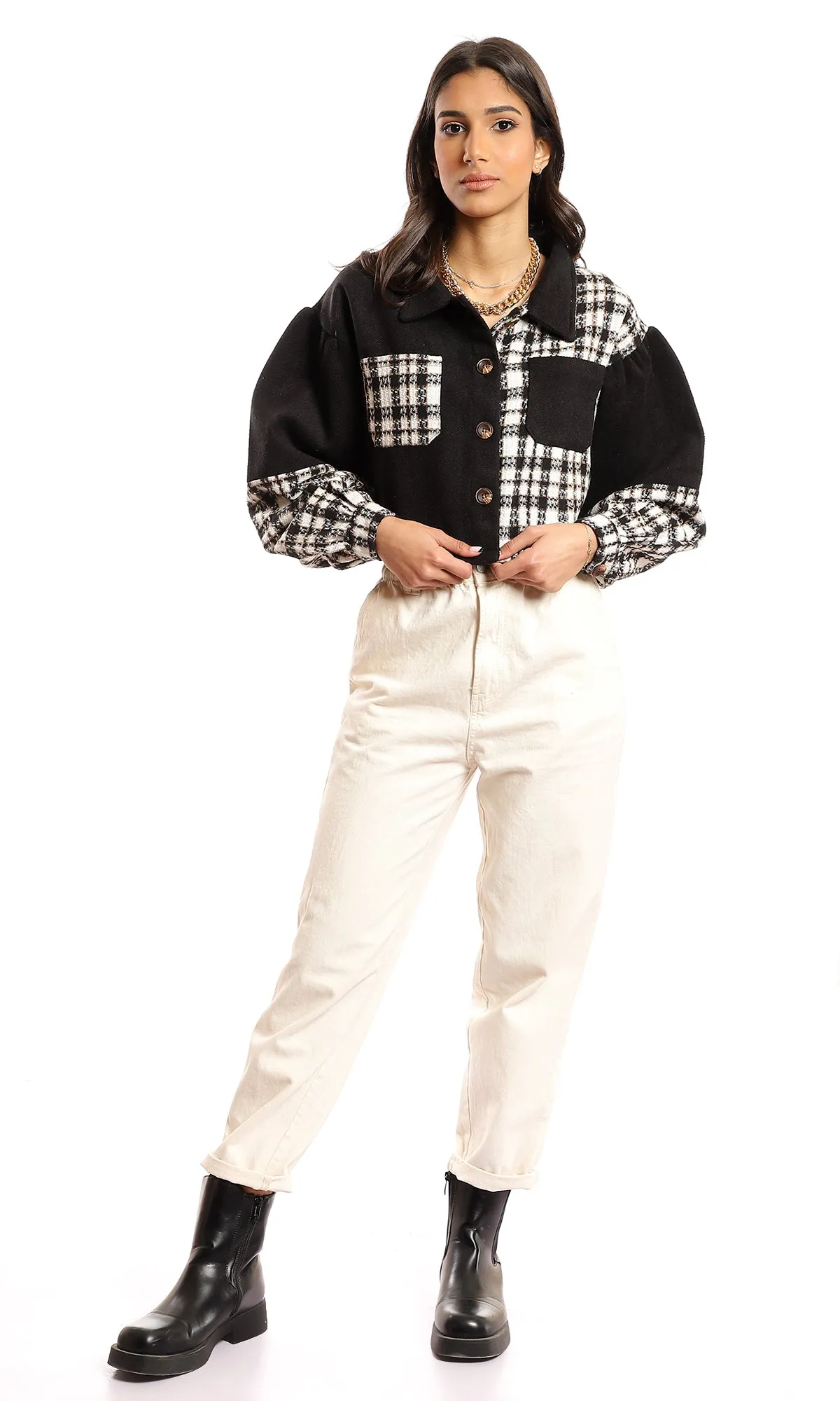 95898 Wool Chest Pockets Cropped Jacket - Black & Off White