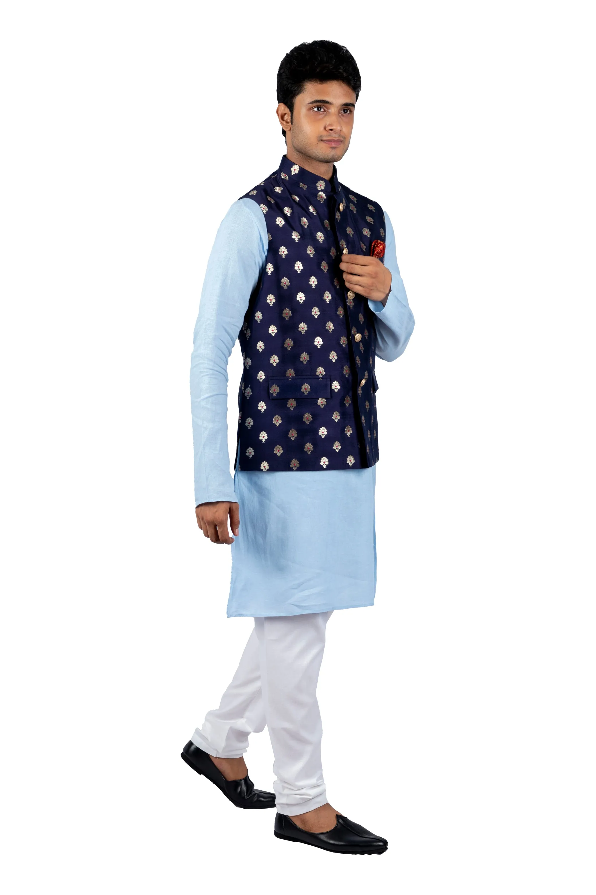 Aham Vayam's Blue Cotton Utsav Embroidered Kurta  BANDI Set- Rent