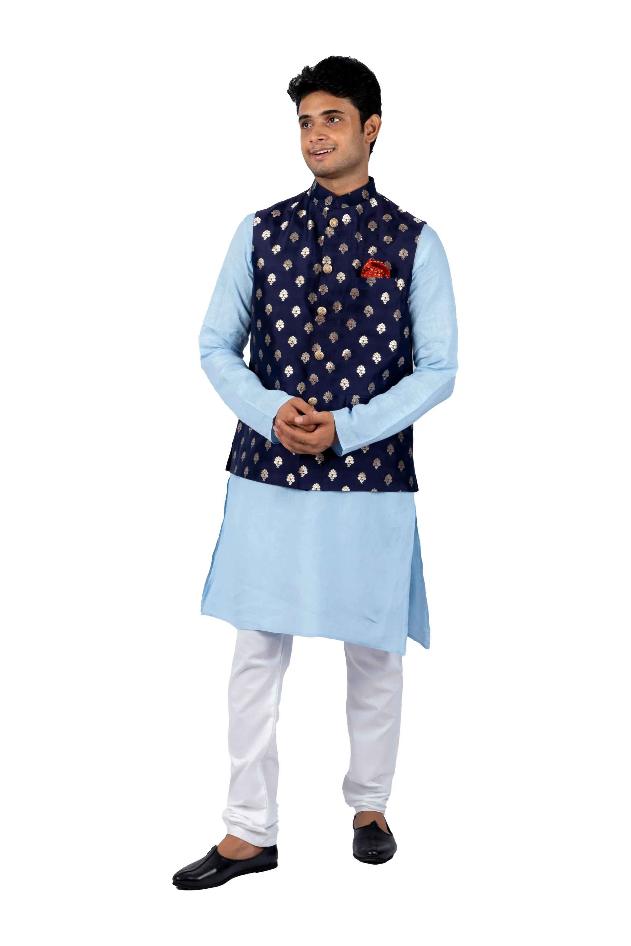 Aham Vayam's Blue Cotton Utsav Embroidered Kurta  BANDI Set- Rent