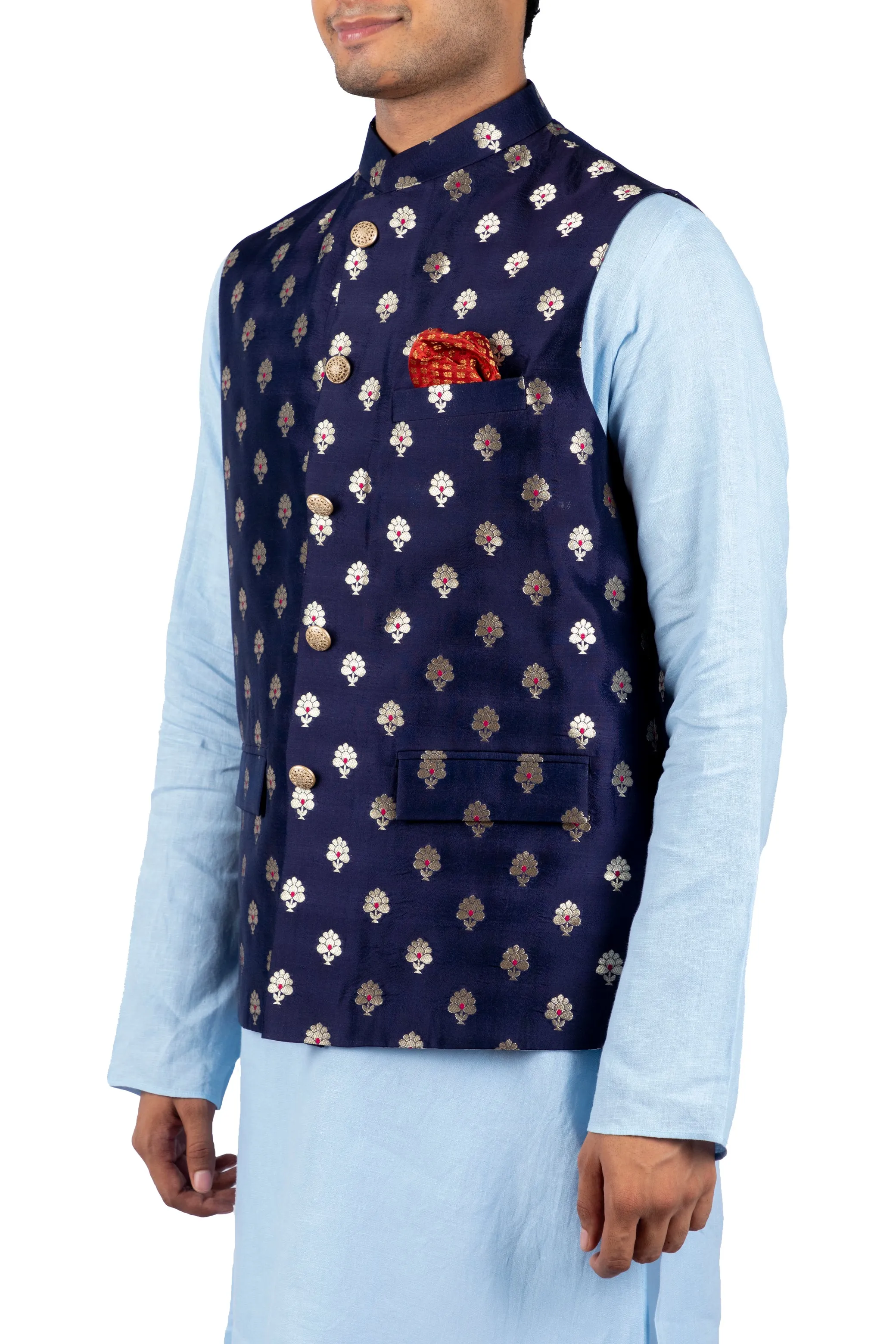 Aham Vayam's Blue Cotton Utsav Embroidered Kurta  BANDI Set- Rent