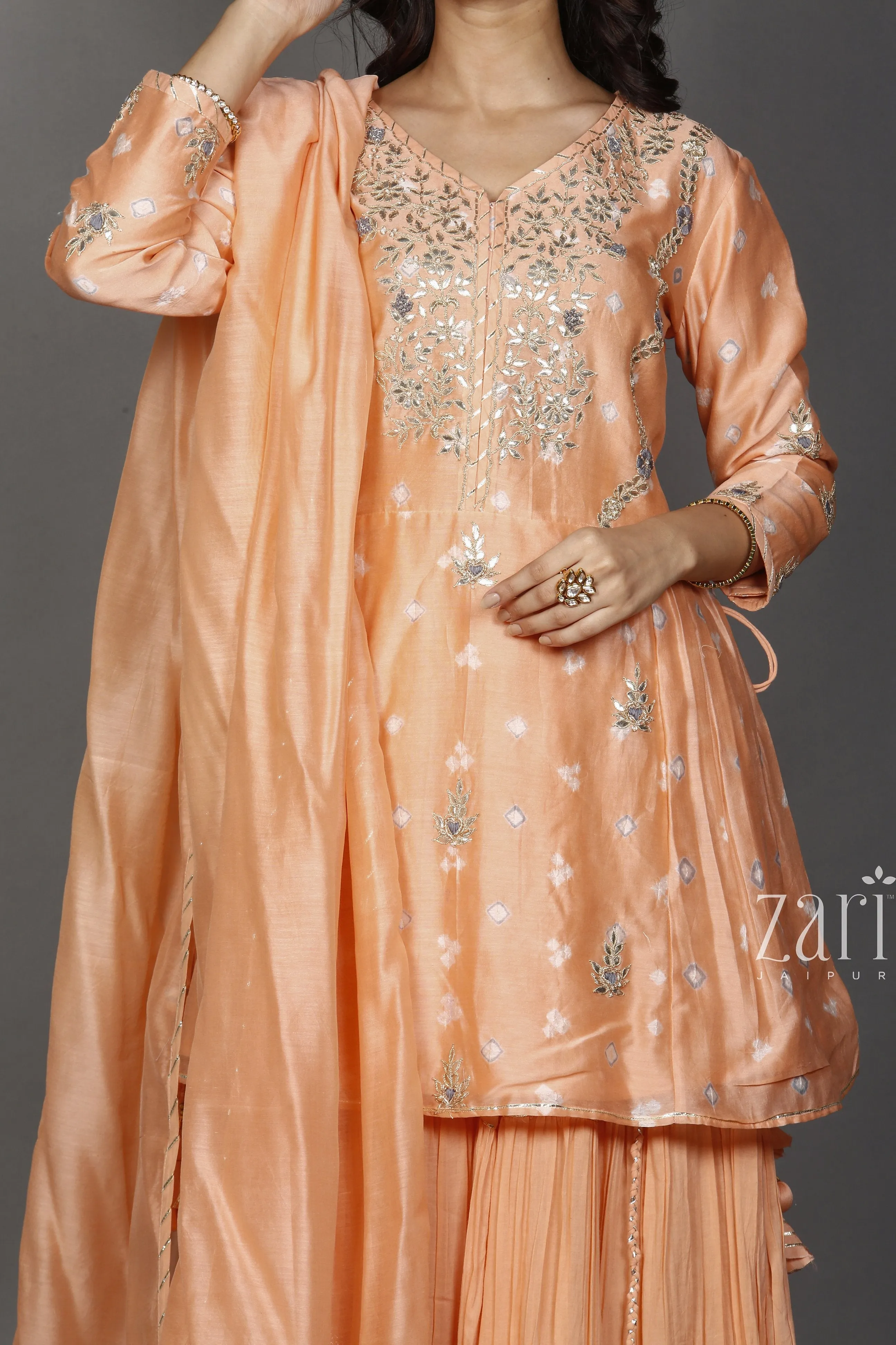 Bandhej Chanderi Suit with Gota Patti, Thread, Zardozi work.