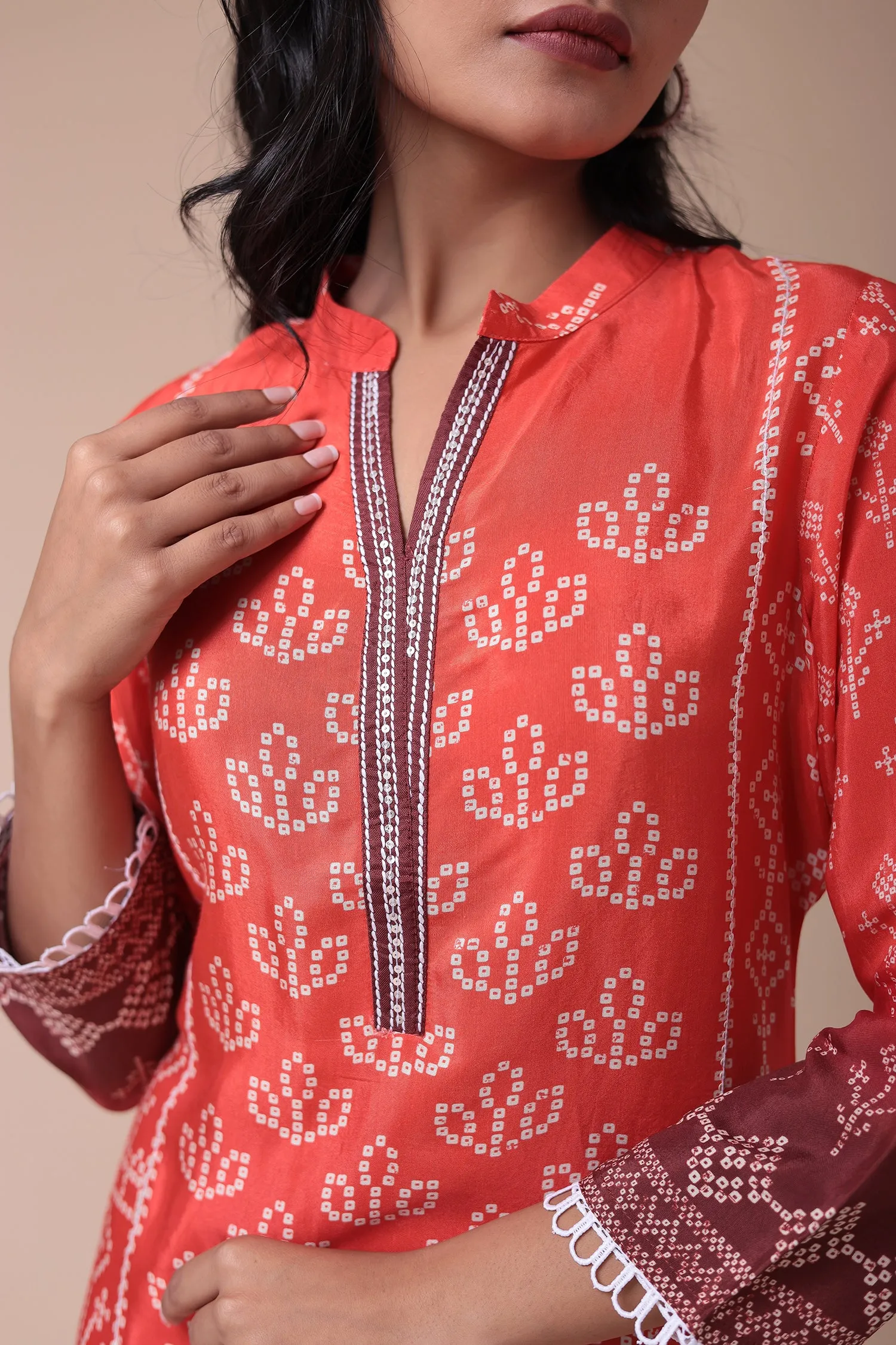 Bandhej Silk Blend Kurta Set with Embroidered work