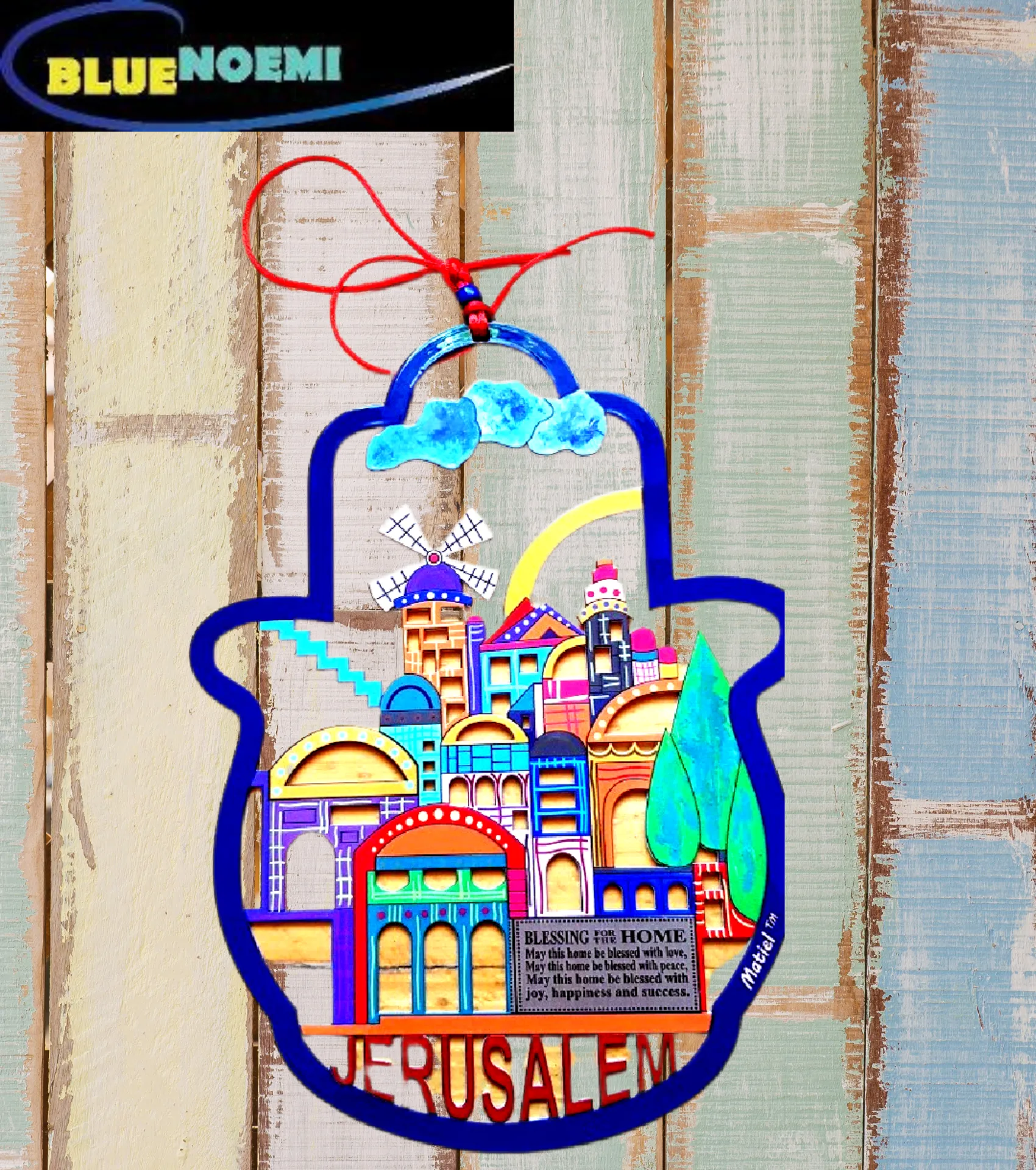 Bluenoemi Israeli Gifts Hamsa Metal Laser Cut English Jerusalem View