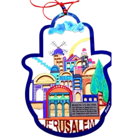 Bluenoemi Israeli Gifts Hamsa Metal Laser Cut English Jerusalem View