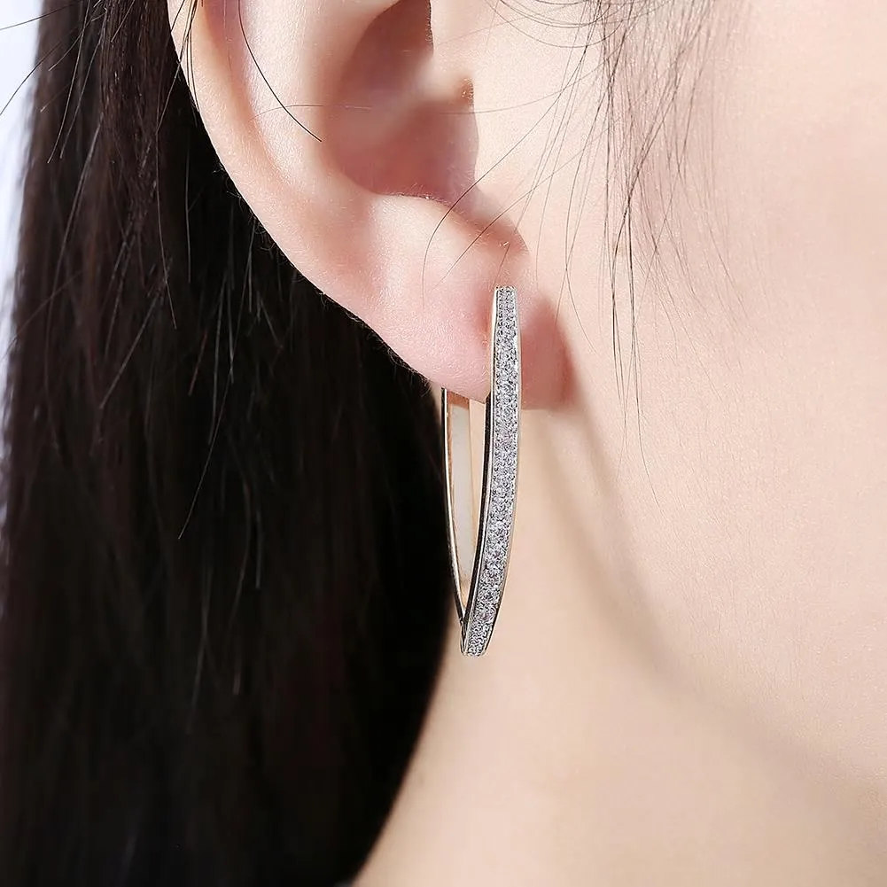 Boat Shape Stud Styled Inlaid CZ Hoop Earrings