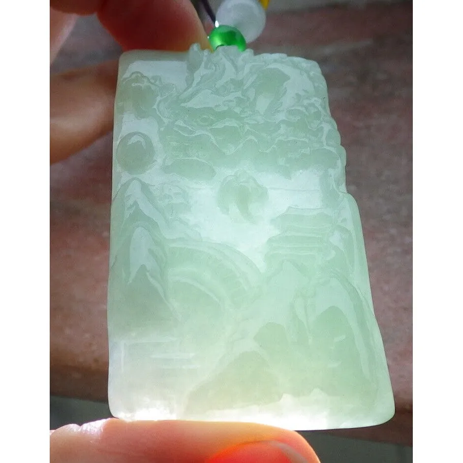 Certified A Jade Jadeite Pendant Heavenly Landscape Painting with Dragon Chasing the Flaming Pearl in the Sky 山水画 #28-1226