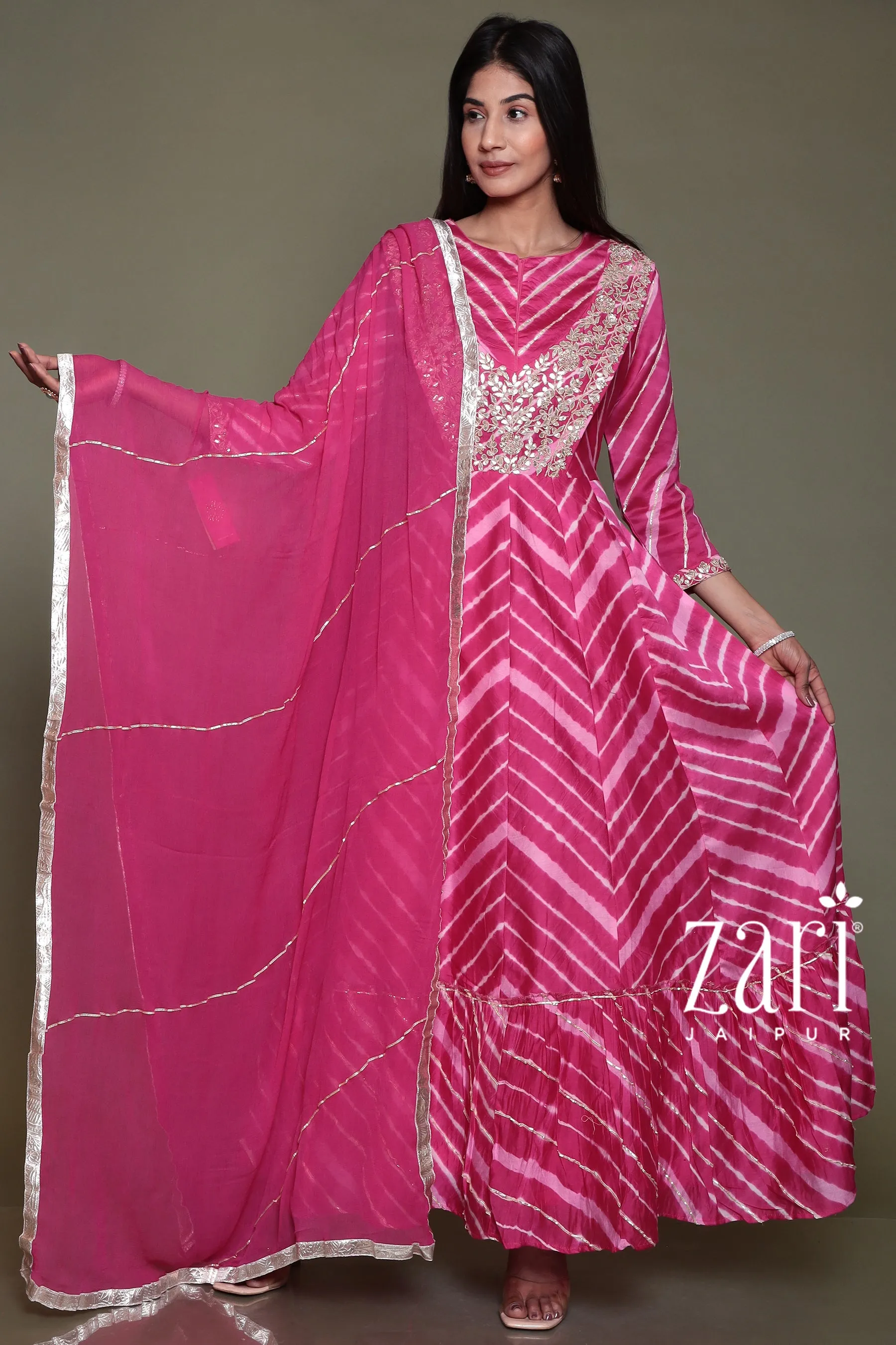 Chanderi silk Leheriya Suit with Aari, Gota Patti, Sequins, Thread, Zardozi work.