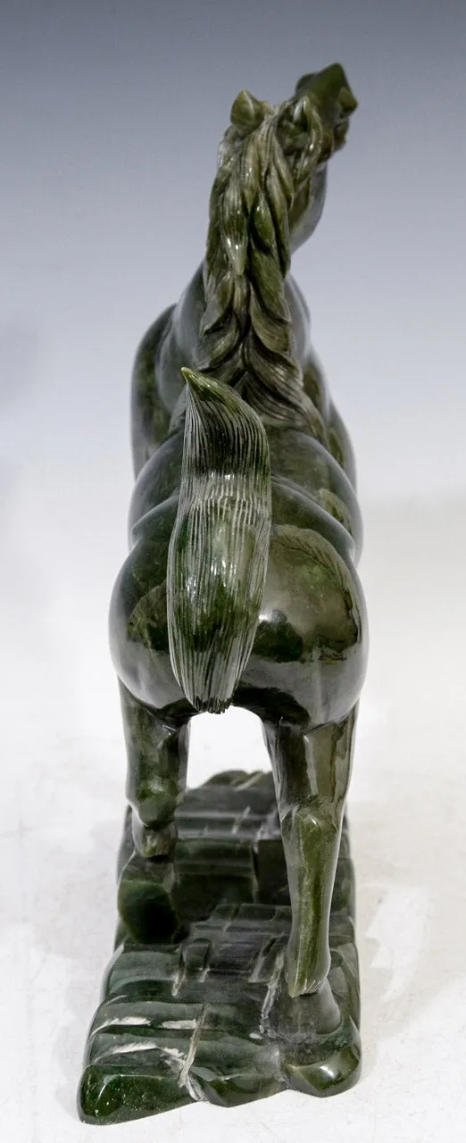 Chinese 1920s Equestrian Sculpture in Carved Spinach Jade