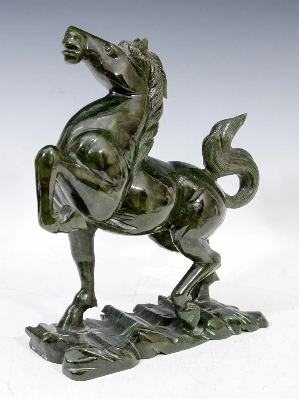 Chinese 1920s Equestrian Sculpture in Carved Spinach Jade