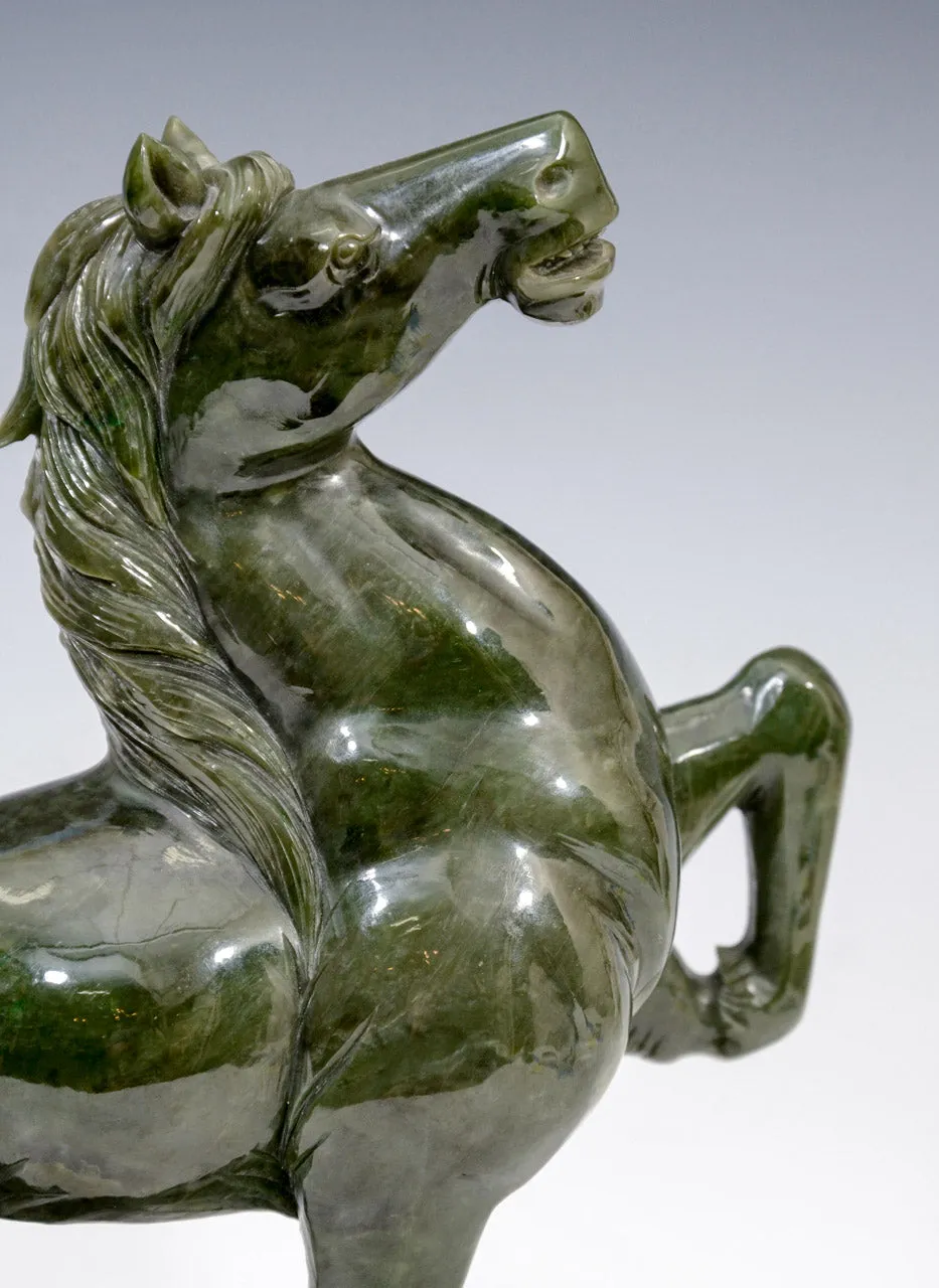 Chinese 1920s Equestrian Sculpture in Carved Spinach Jade