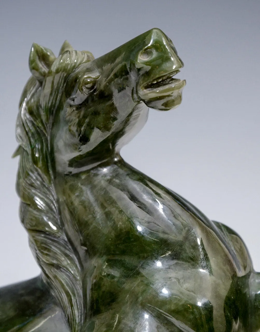 Chinese 1920s Equestrian Sculpture in Carved Spinach Jade