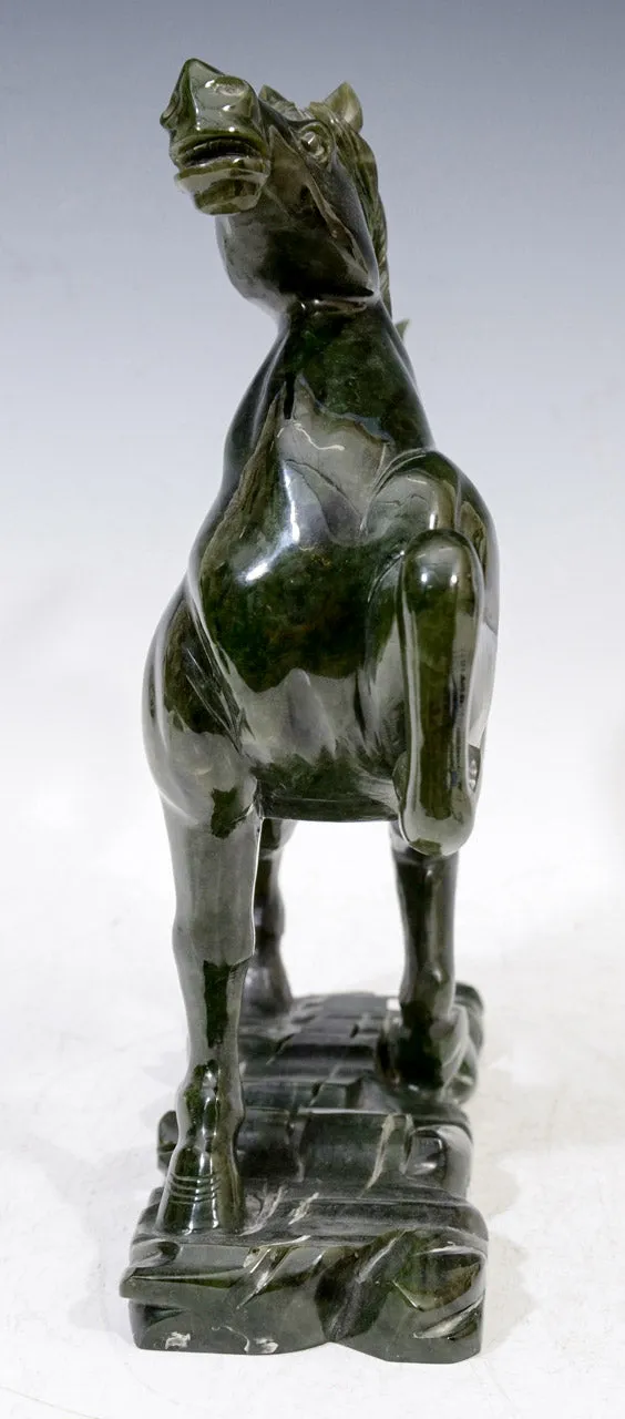 Chinese 1920s Equestrian Sculpture in Carved Spinach Jade