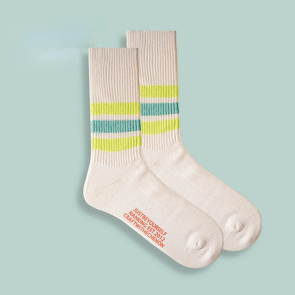 Combed Cotton Thickened Solid Color Striped Retro Long Socks