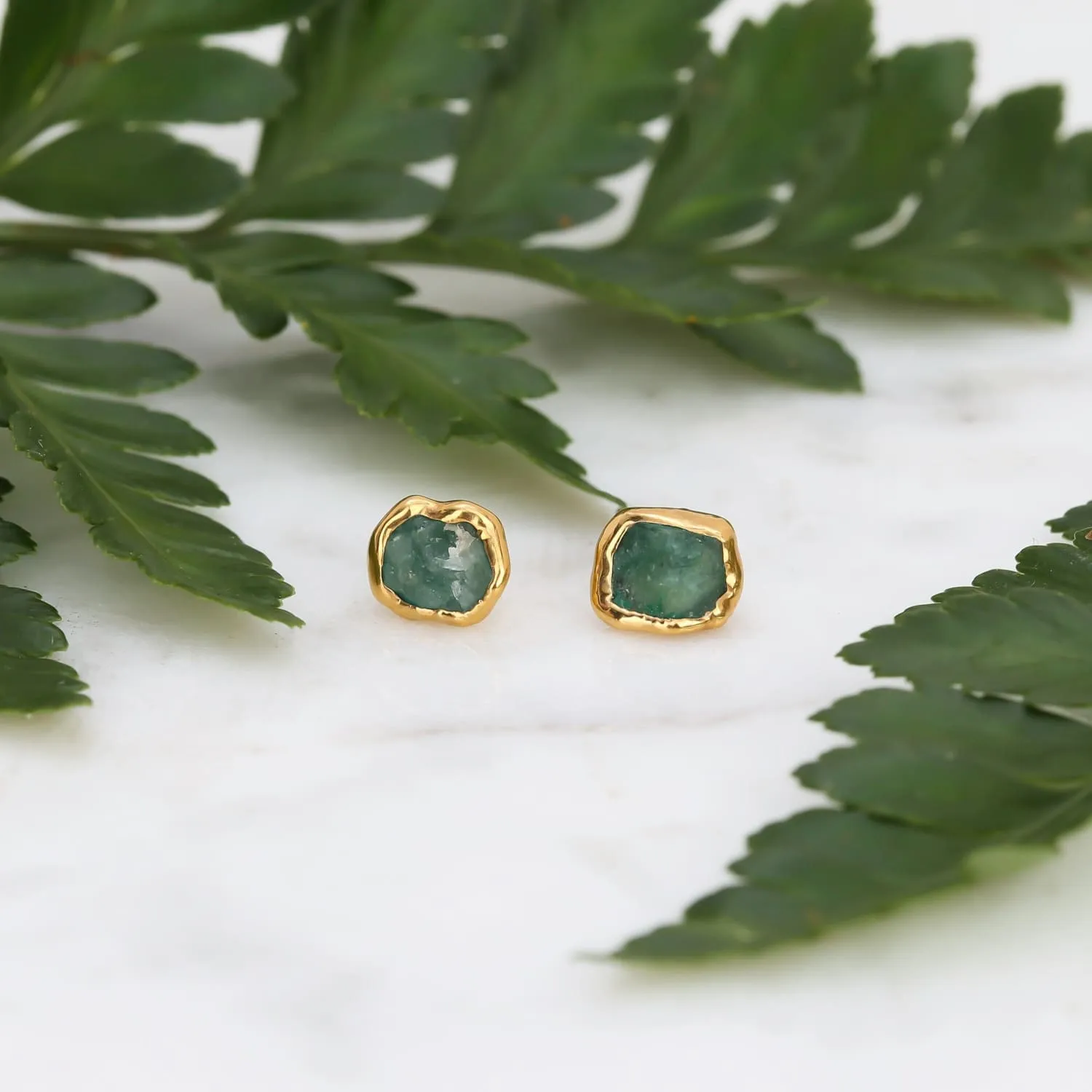 Dainty Raw Emerald Stud Earrings in Yellow Gold