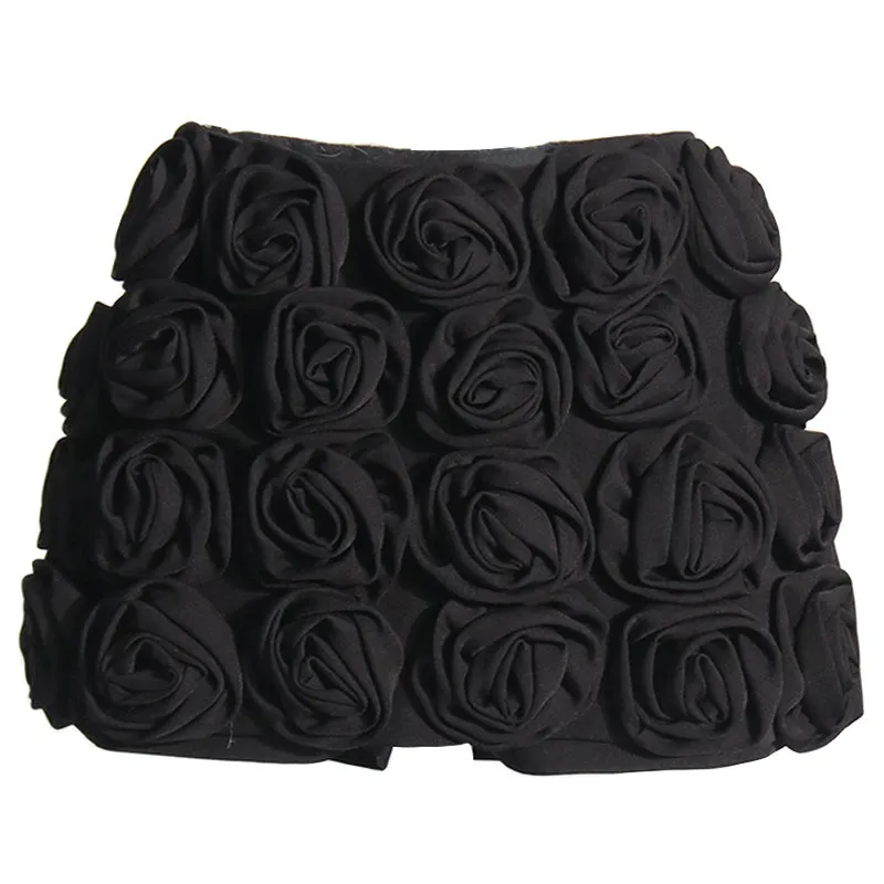 Elegant Solid 3D Rosette Appliqué Bloom High Waist Bodycon Skorts