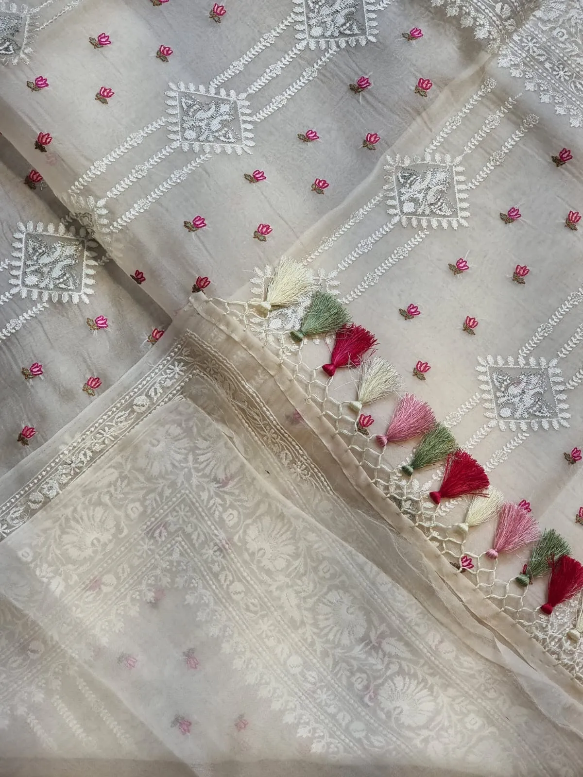 Embroidered white organza silk sarees