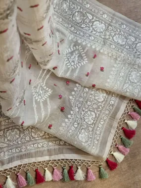 Embroidered white organza silk sarees