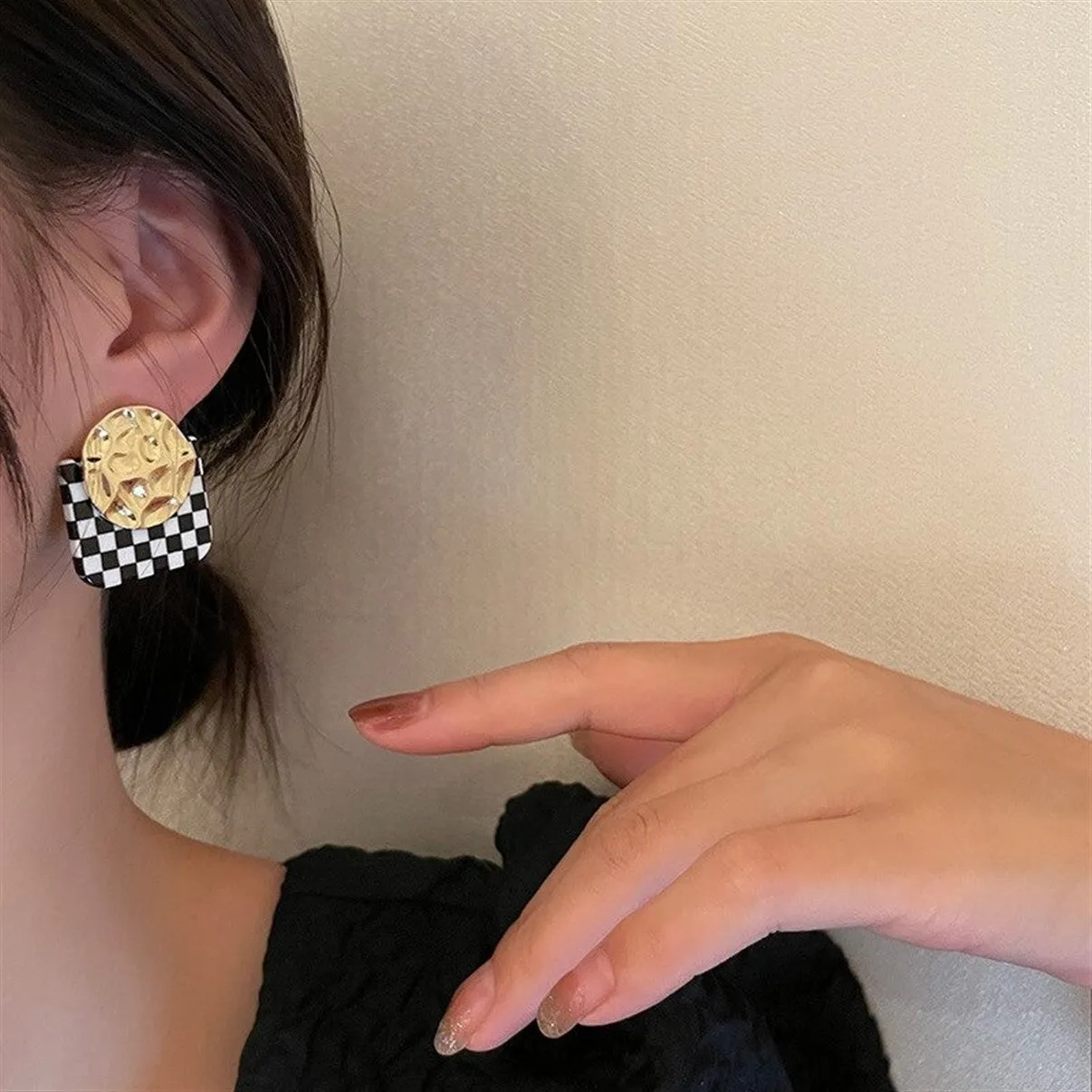 Geometric Black & White Checkered Party Stud Earrings