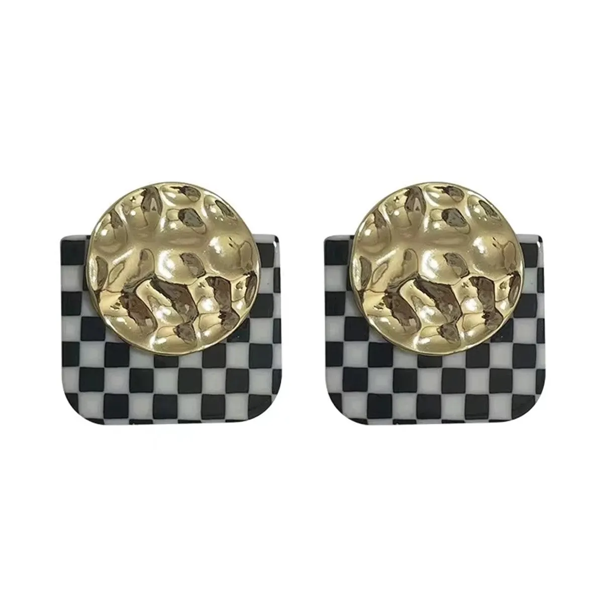 Geometric Black & White Checkered Party Stud Earrings