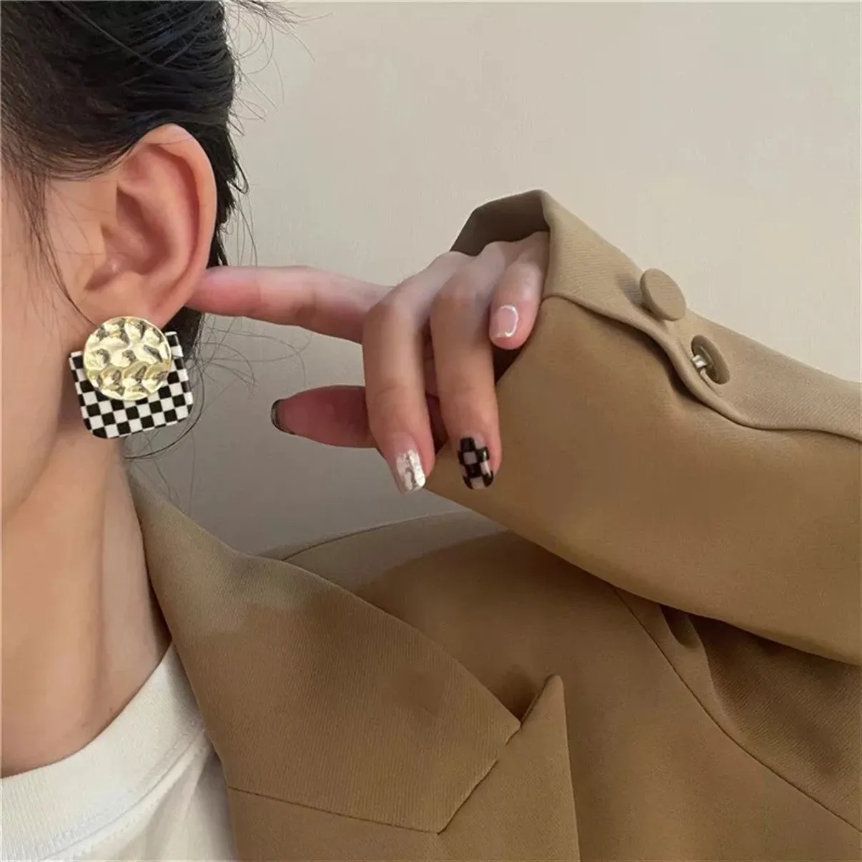 Geometric Black & White Checkered Party Stud Earrings