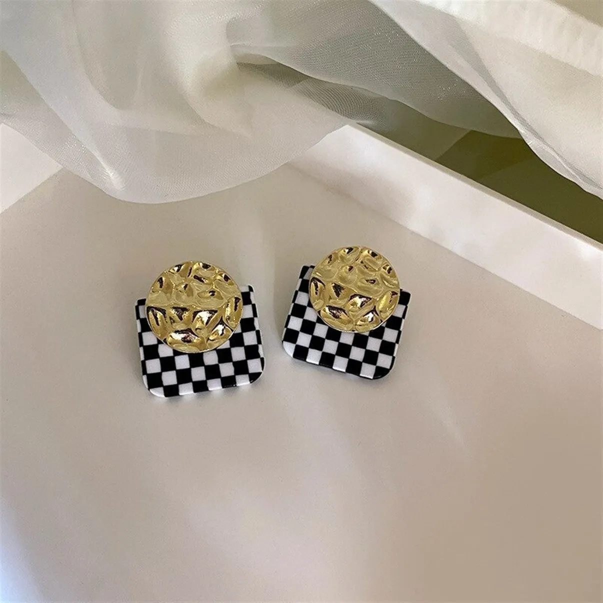 Geometric Black & White Checkered Party Stud Earrings