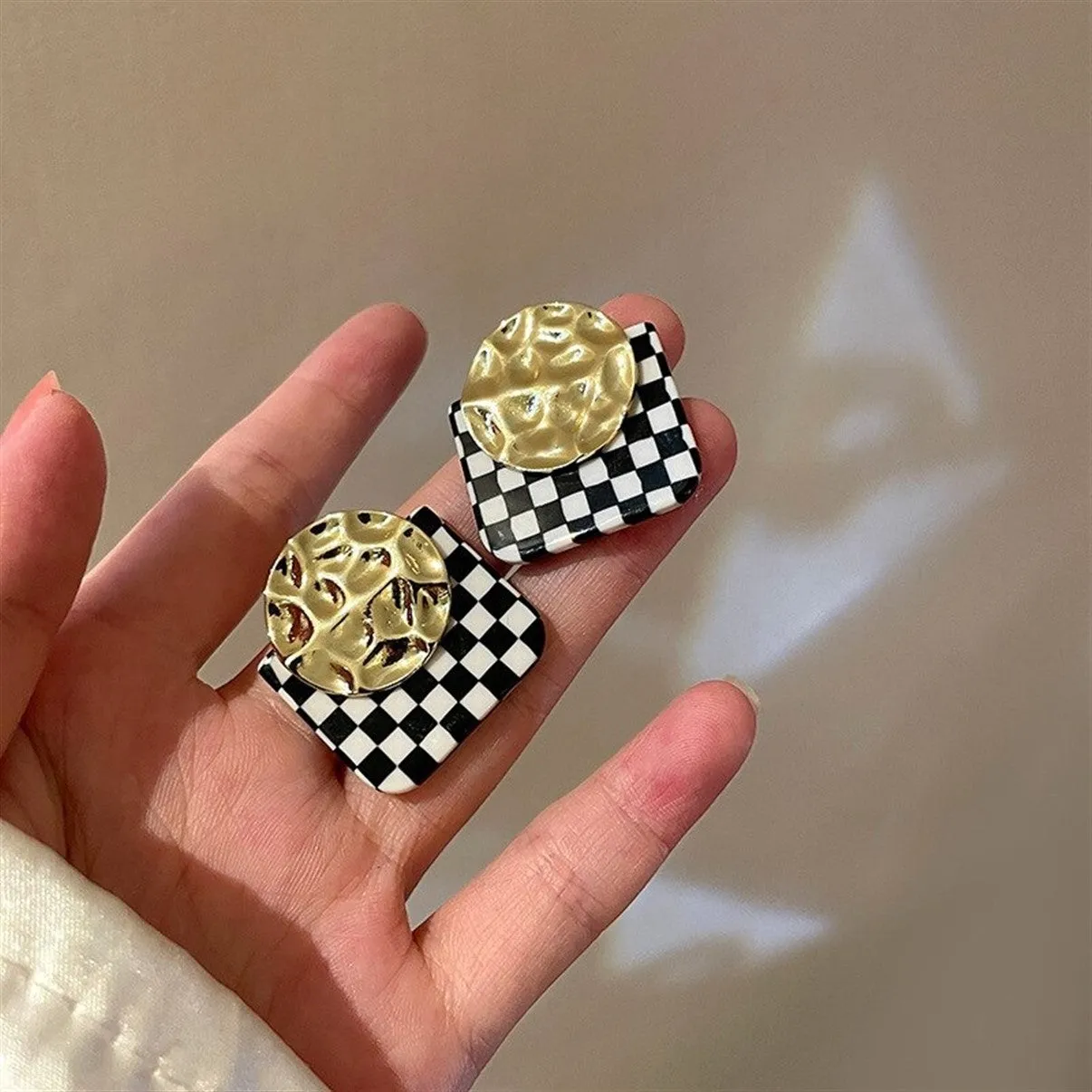 Geometric Black & White Checkered Party Stud Earrings