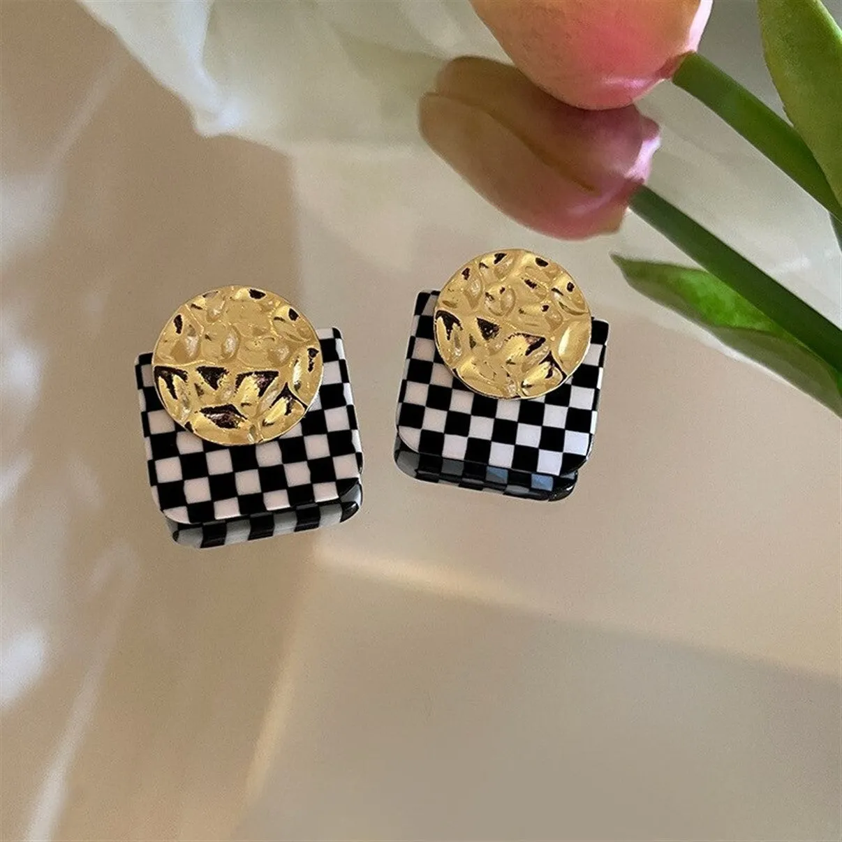 Geometric Black & White Checkered Party Stud Earrings