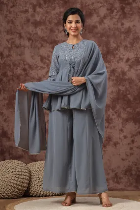 Juniper Grey Georgette Lacy Kurta Palazzo & Dupatta Set  With Thread Embroidery On Yoke