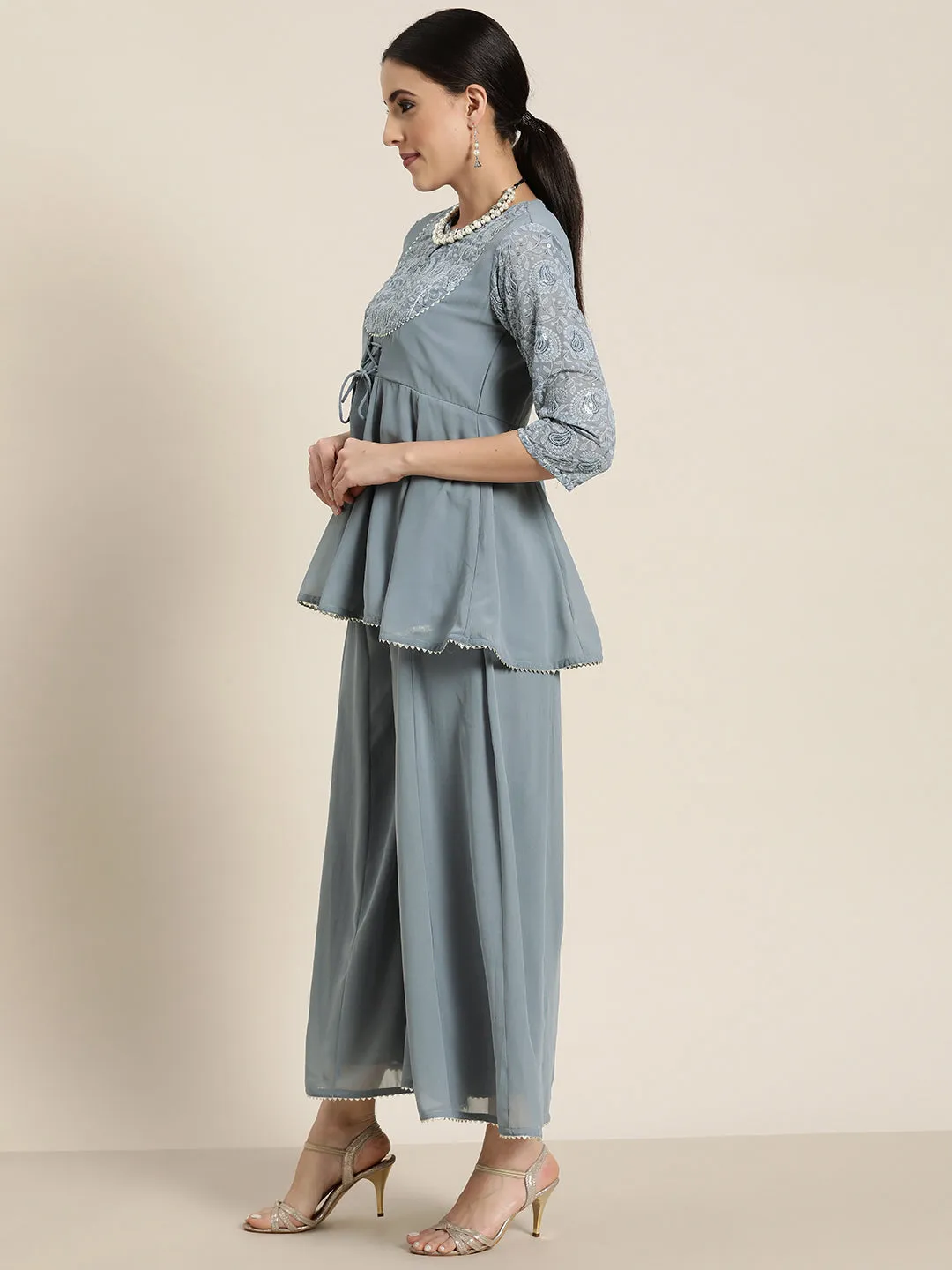 Juniper Grey Georgette Lacy Kurta Palazzo & Dupatta Set  With Thread Embroidery On Yoke