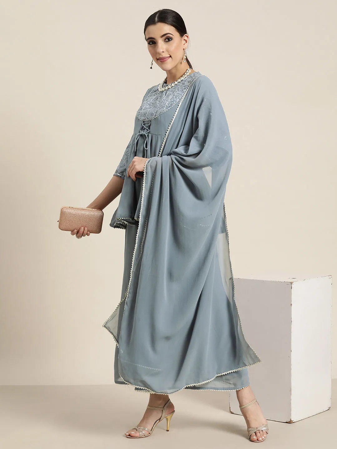 Juniper Grey Georgette Lacy Kurta Palazzo & Dupatta Set  With Thread Embroidery On Yoke