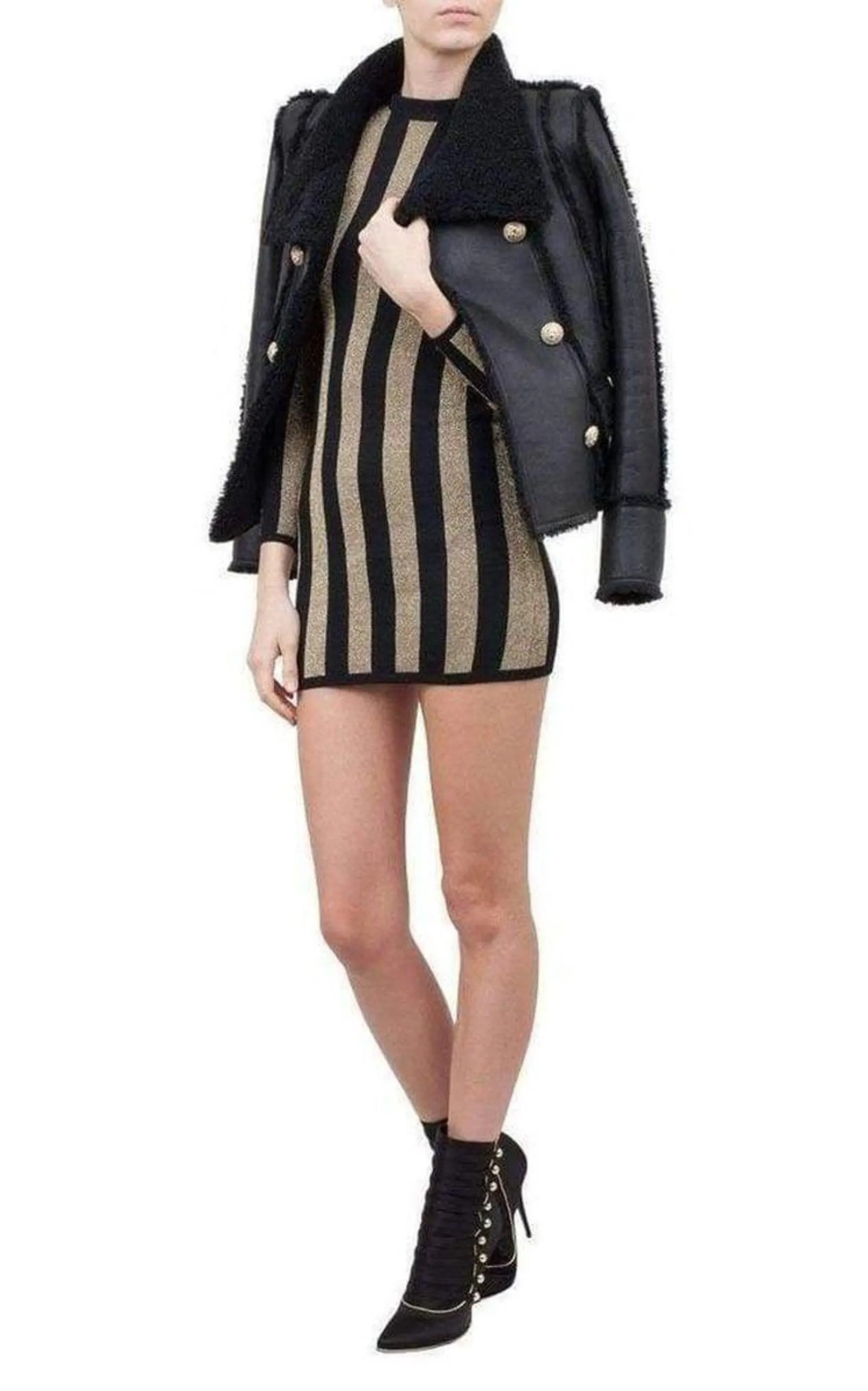 Lurex Gold Black Striped Pattern Mini Dress