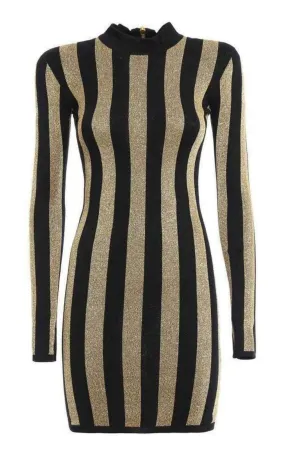 Lurex Gold Black Striped Pattern Mini Dress