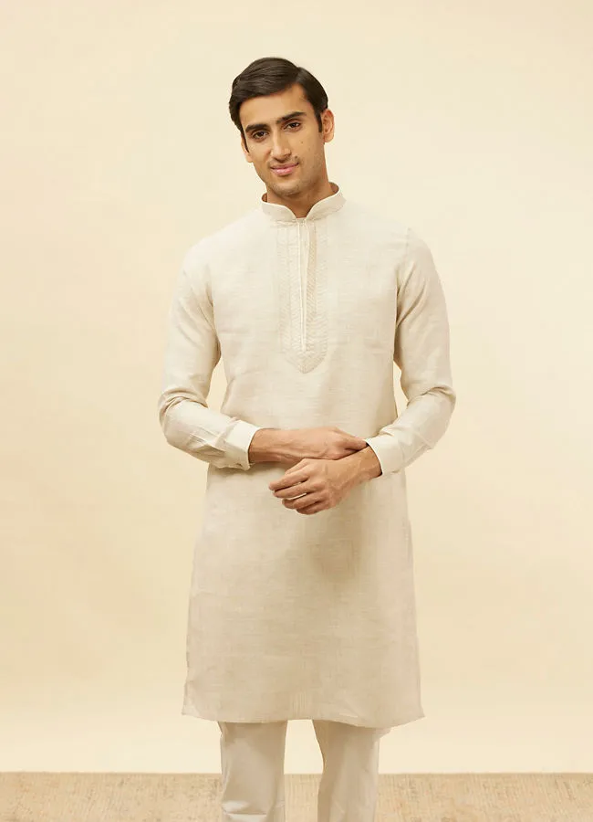 Manyawar Natural Beige Embroidered Neckline Kurta