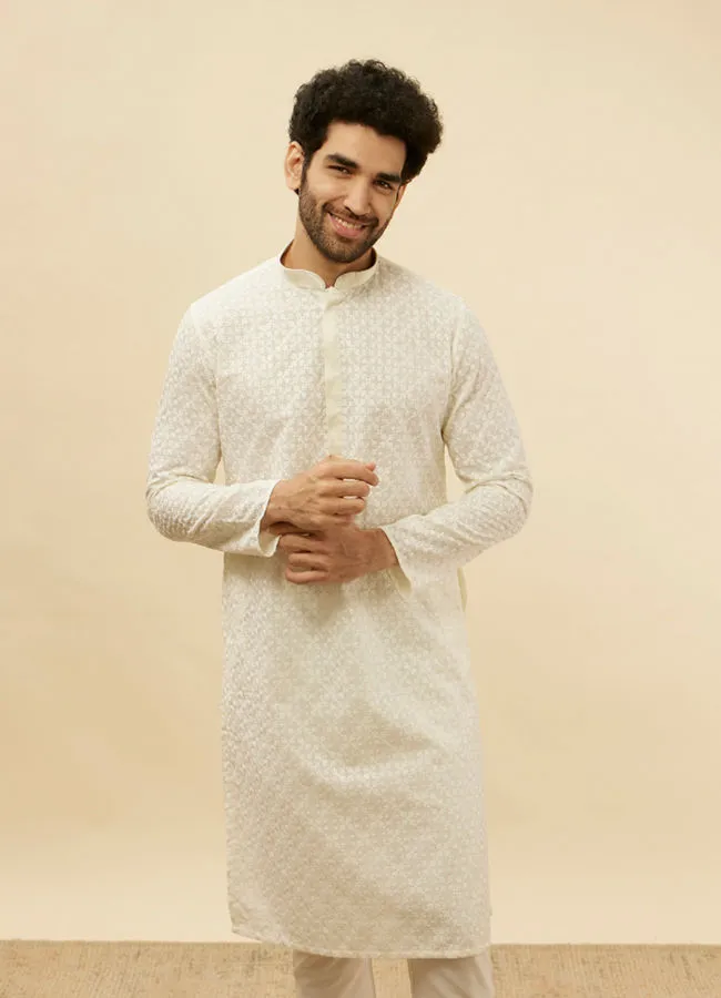 Manyawar Warm White Floral Chikankari Embroidered Kurta Set