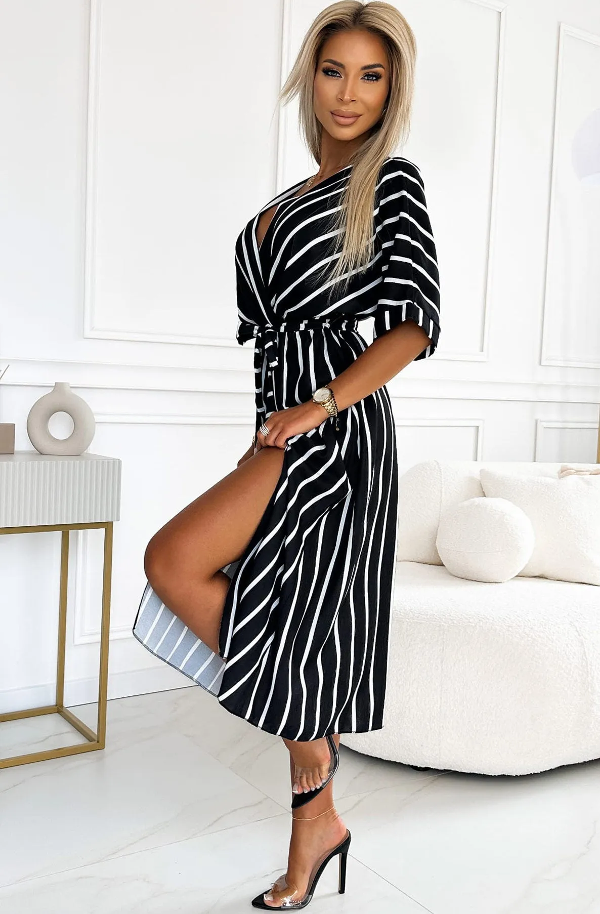 Novana Striped Side Slit Wrap Midaxi Dress-Black