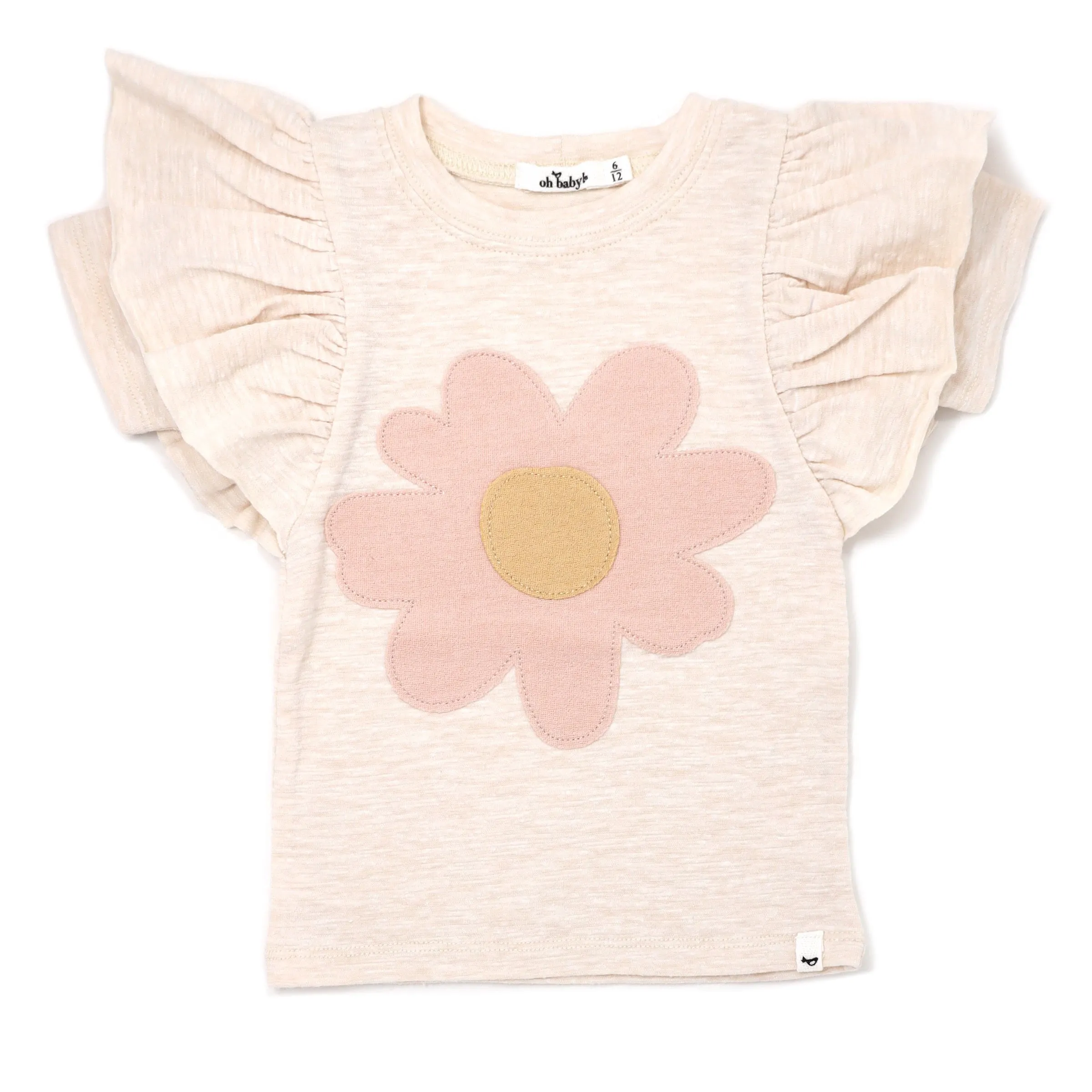 oh baby! Butterfly Short Sleeve Cotton Slub Tee - Peach Daisy - Sand Heather