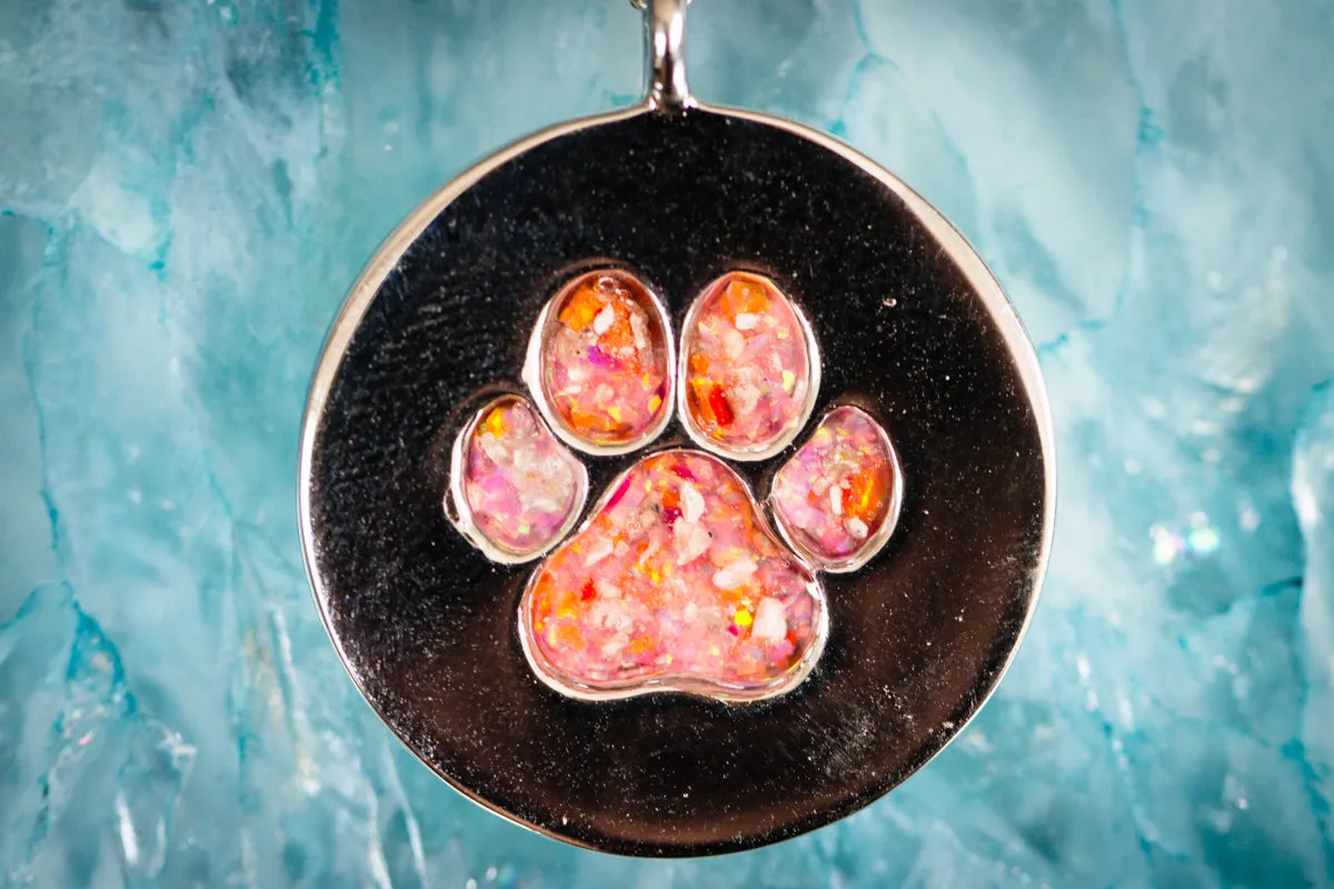 Pawprint Opal and Cremation Ash Disc Pendant