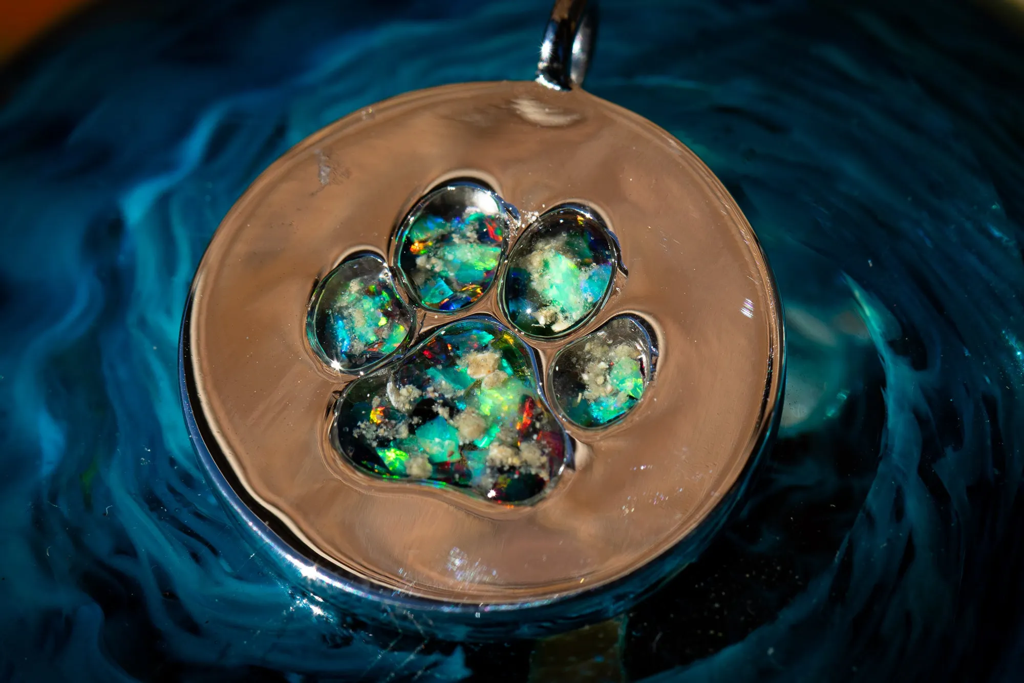 Pawprint Opal and Cremation Ash Disc Pendant