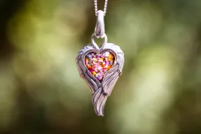 Petite Angel Wing Heart Pendant with Crushed Opal and Cremation Ash