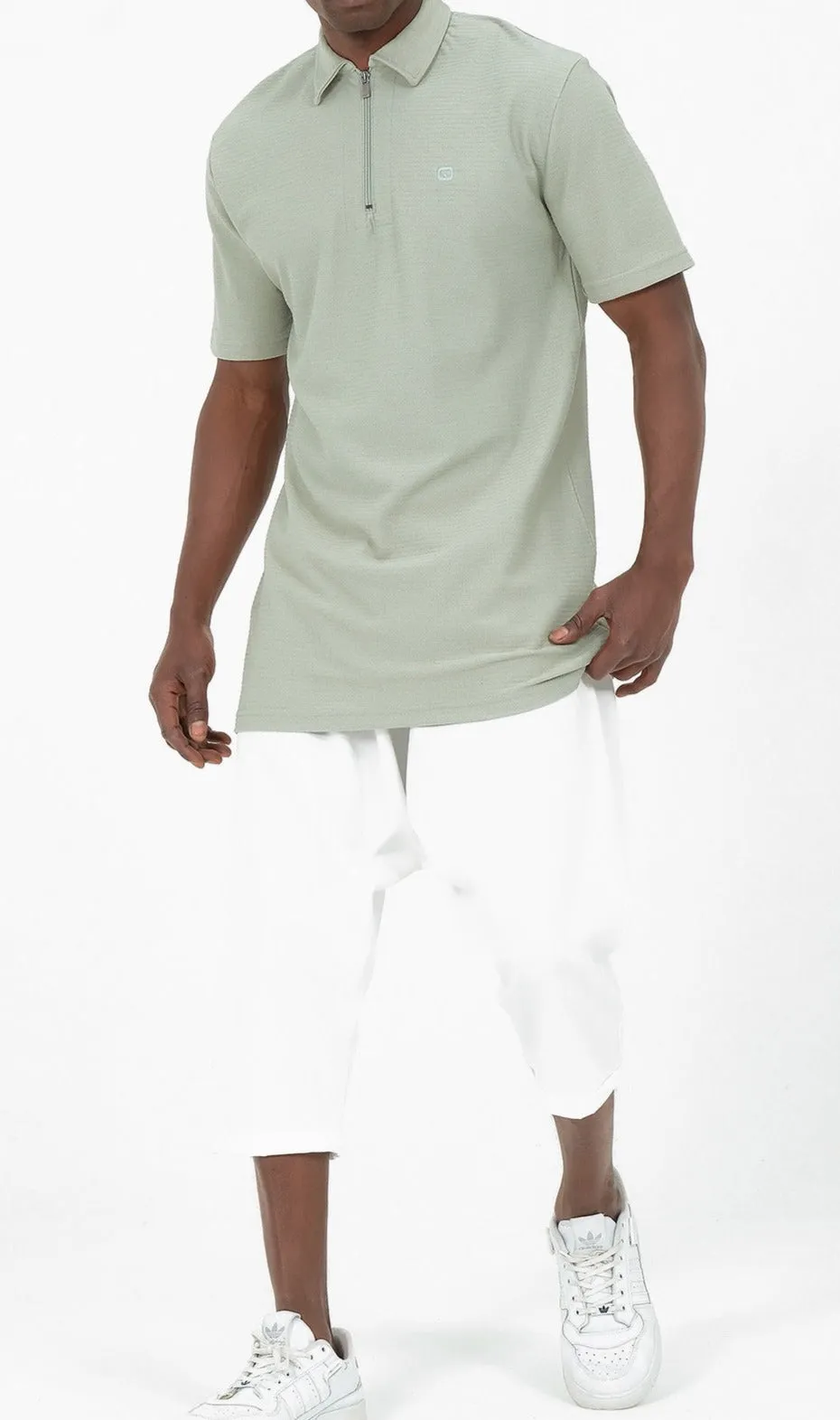 QL Relaxed Polo Zip Up S24 in Almond Green