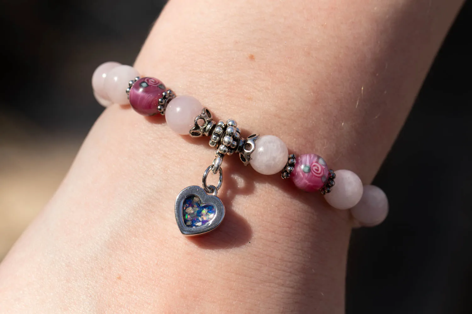 Rose Quartz and Rose-Patterned Glass Healing Bracelet with Cremation Ashes